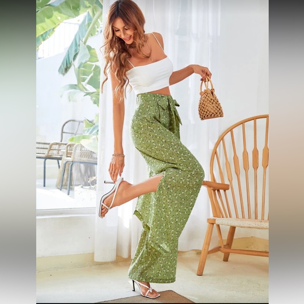 Floral Green Split Hem Belted Wide Leg Women's Pants